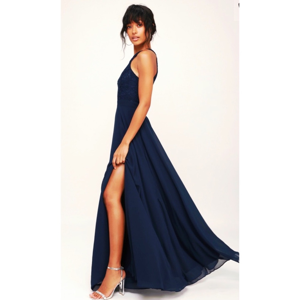 Navy Blue Lace Maxi Dress - Picture 1 of 4